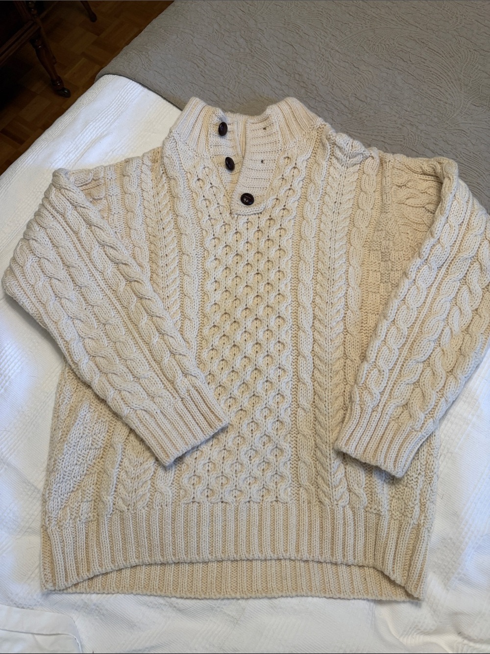 L.L. Bean Cream Cable-Knit Button Turtleneck Sweater